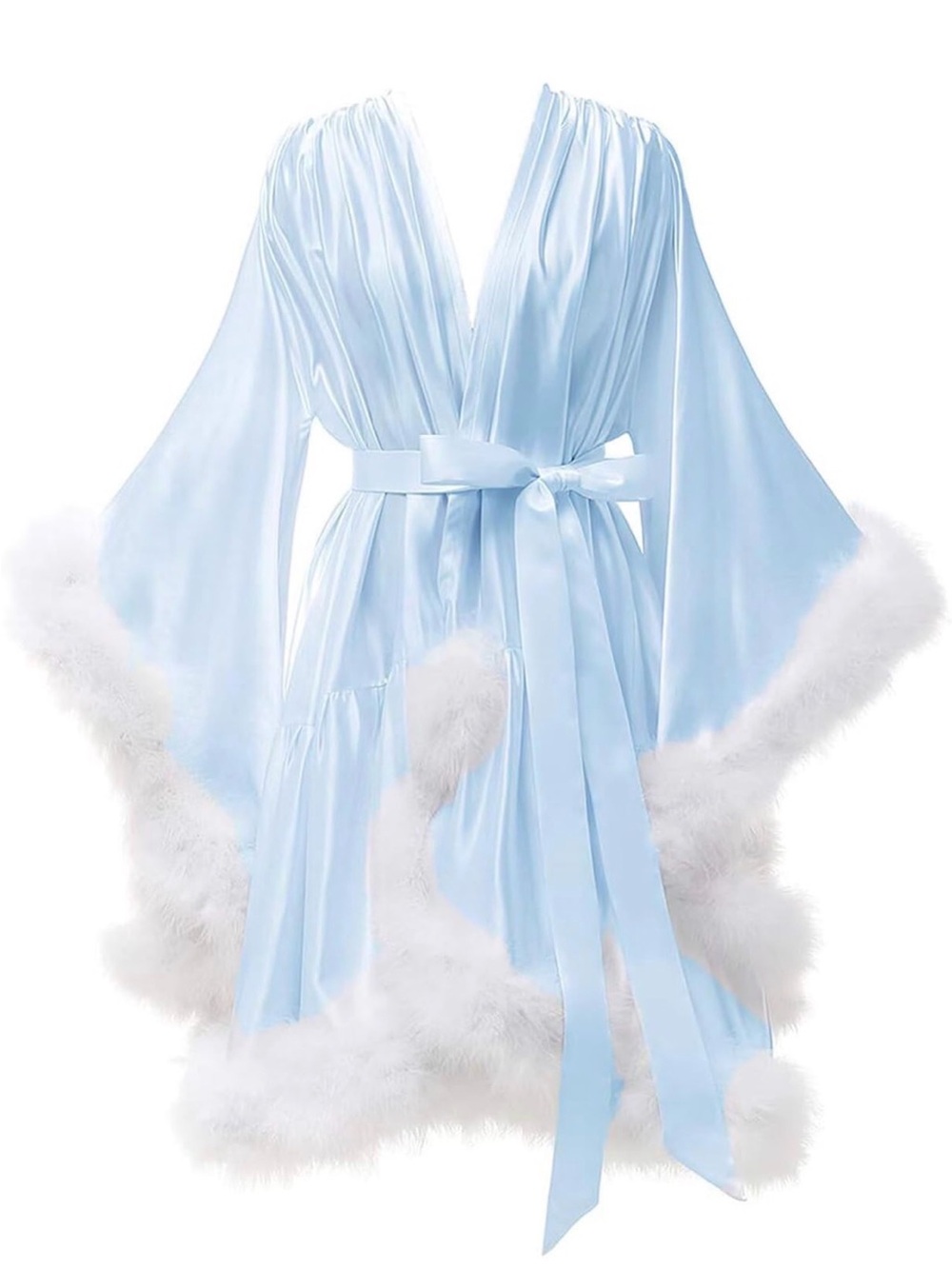 Satin Silk Lingerie Cover White Feathered Celebrity Glam Style Mid-Length Robe